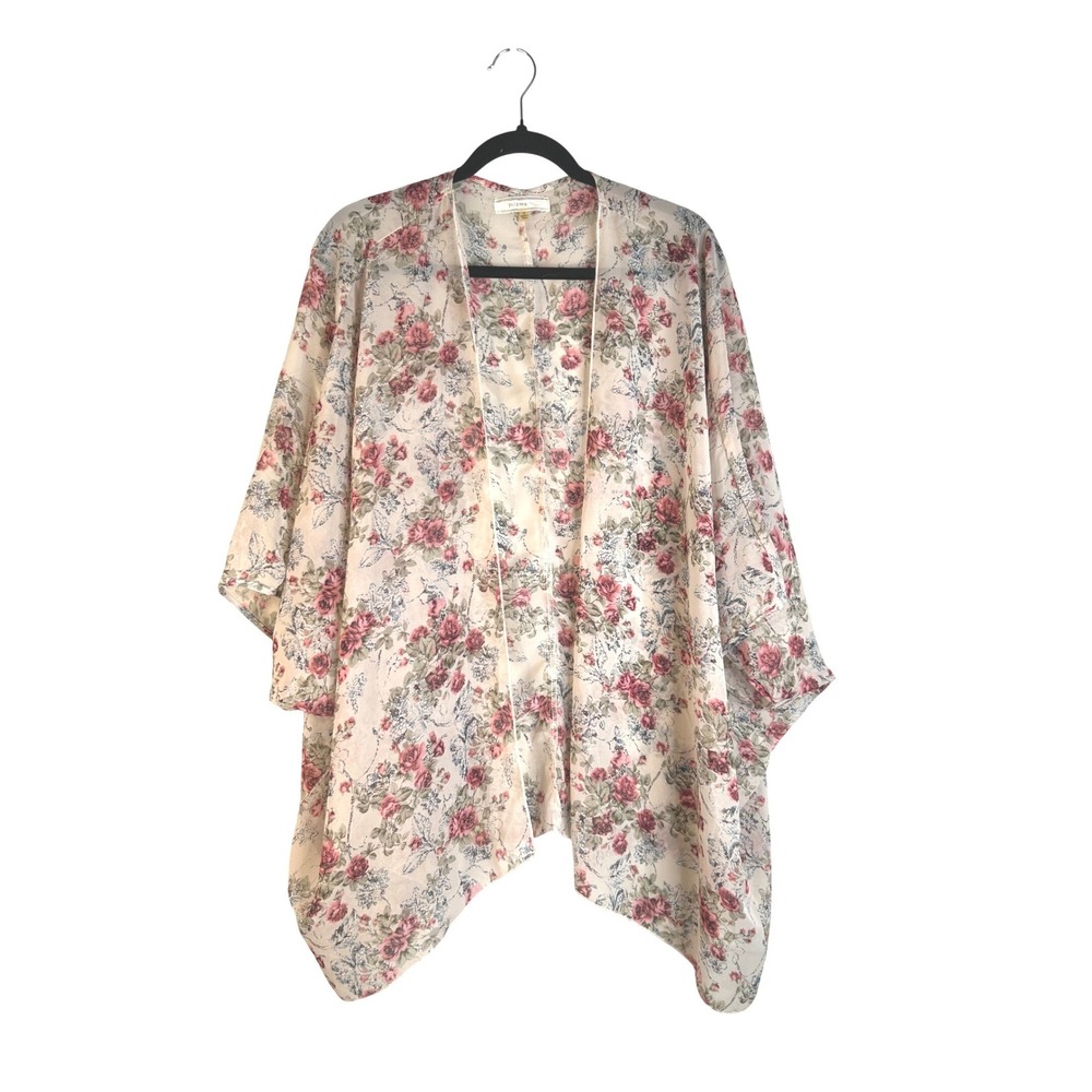 Poema Pink Floral Sheer Chiffon Open Front Kimono Cardigan Wrap Size Small
